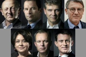 Un photomontage fait le 17 décembre 2016 des candidats à la primaire de la gauche: de   gauche à droite: Jean-Luc Bennahmias, Benoît Hamon, Arnaud Montebourg, Vincent Peillon, Sylvia Pinel, François de Rugy et Manuel Valls