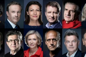 (de g à d) Nathalie Arthaud, Nicolas Dupont-Aignan, Anne Hidalgo, Yannick Jadot, Jean Lassalle, Marine Le Pen, Emmanuel Macron, Jean-Luc Mélenchon, Valérie Pécresse, Philippe Poutou, Fabien Roussel et Eric Zemmour