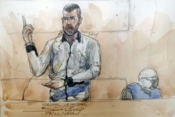 Croquis d'audience du 7 février 2022 de Nordahl Lelandais pendant son procès pour le meurtre de Maëlys de Araujo à la cour d'assises de Grenoble