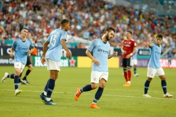 Manchester City tombeur du Bayern Munich, grâce notamment à un doublé Bernardo Silva (c), lors du match de pré-saison disputé à Miami, le 28 juillet 2018 