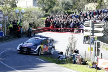 Le Français Sébastien Ogier (M-Sport Ford) lors de la 1re journée du Tour de Corse, le 6 avril 2018 à Barchetta 