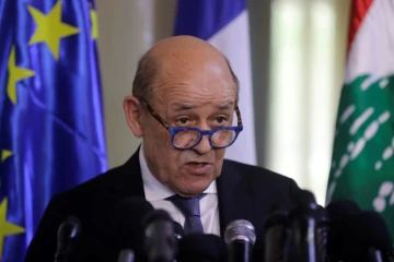 Jean-Yves Le Drian le ministre français des Affaires étrangères lors d'une conférence de presse à Beyrouth, le 23 juillet 2020