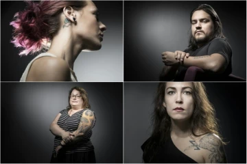Photo montage créé le 25 juillet 2017 de victimes des attentats de Paris qui montrent leurs tatouages: (de G à D à partir du haut):  Ludmila Profit, David Fritz Goeppinger, Stéphanie Zarev et Laura Levêque, 