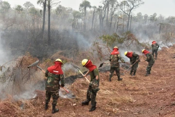 Des pompiers luttent contre des feux de forêt dans le parc national Otuquis, le 26 août 2019 en Bolivie