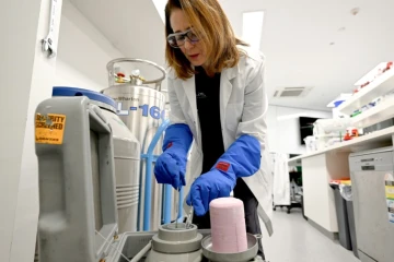 Justine O'Brien, responsable des sciences de la conservation à la Taronga Conservation Society Australia examine des échantillons de gamètes de corail stockés dans un réservoir cryogénique rempli d'azote liquide dans un laboratoire de Sydney, le 29 mai 2025 en Australie