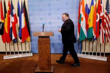 Le chef de la diplomatie américaine Mike Pompeo le 20 août 2020, après avoir réclamé à l'ONU le rétablissement des sanctions anti-Iran