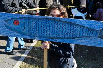 Un enfant tient une pancarte figurant une sardine lors d'une manifestation antifascite à Rome le 14 décembre 2019