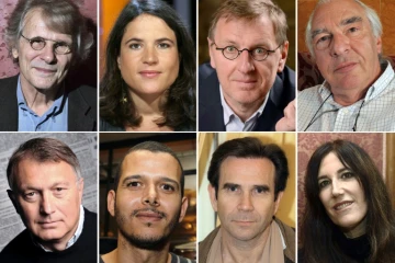 (Haut) de g à d: Daniel Pennac, Mazarine Pingeot, Gregoire Delacourt, Didier Decoin. (Bas) de g à d: Patrick Besson, le Franco-Marocain Abdellah Taïa, Christian Oster et  l'Israélienne Zeruya Shalev.