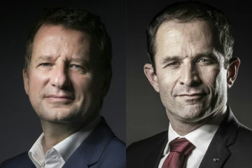 Combo du député européen EELV Yannick Jadot (G) le 12 septembre 2016 à Paris et du candidat socialiste à la présidentielle Benoit Hamon le 15 décembre 2016 à Paris