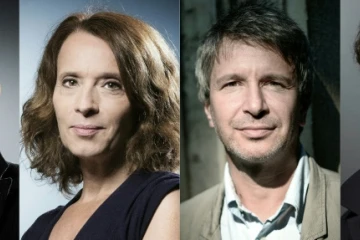Photo montage de gauche à droite de Yannick Haenel, Veronique Olmi, Eric Vuillard et Alice Zeniter réalisé le 30 octobre 2017 des quatre auteurs en lice pour le Goncourt