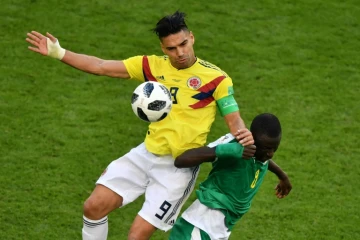 L'attaquant colombien Falcao (g) à la lutte avec le milieu sénégalais Cheikhou Kouyate lors des phases de groupes du Mondial, à Samara, le 28 juin 2018