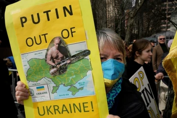 Manifestation de soutien à l'Ukraine devant les Nations unies à New York le 17 février 2022