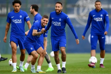Marquinhos, Lionel Messi, Marco Verratti, Neymar et Mbappé à l'entraînement du PSG au Camp des Loges à la veille du choc contre la Juventus en C1 le 5 septembre 2022 à Saint-Germain-en-Laye