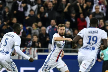 La joie de Lucas Tousart et ses coéquipiers après son but contre Monaco au Parc OL, le 23 avril 2017 