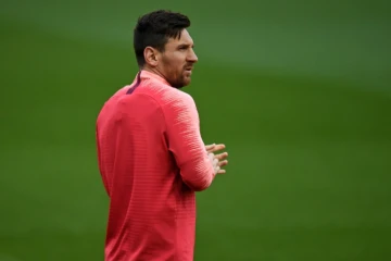 L'attaquant vedette du Barça Lionel Messi lors d'une séance d'entraînement à Old Trafford, le 9 avril 2019