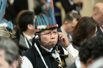 Un indien de la forêt amazonienne lors de la conférence sur le climat au Bourget près de Paris, le 4 décembre 2015 