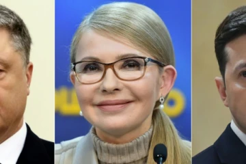 Les trois candidats à la présidentielle en Ukraine, le président Petro Poroshenko, l'ex-Première ministre Ioulia Timochenko et le comédien Volodymyr Zelensky dans un photomontage réalisé à Paris le 27 mars 2019