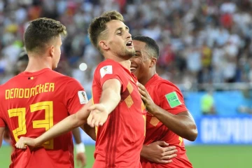 L'attaquant belge Adnan Januzaj (c) auteur d'un but superbe contre l'Angleterre, le 28 juin 2018 à Kaliningrad  