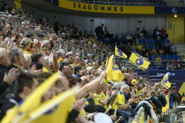 Les supporters des Dragonnes de Metz soutiennent leur équipe face à Toulon en Ligue féminine de handball le 9 mars 2024 à Metz
