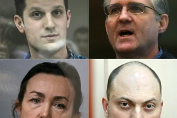 Le journaliste américain Evan Gershkovich (en haut à g), l'ex-Marine américain Paul Whelan (en haut à d), la journaliste russo-américaine Alsu Kurmasheva (en bas à g), l'opposant russe Vladimir Kara-Mourza