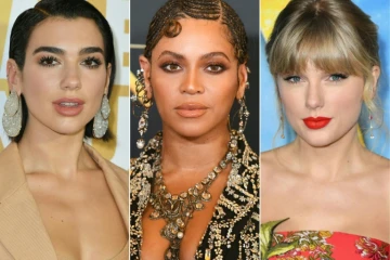 Combinaison d'images avec de gauche à droite, la Britannique Dua Lipa, et les Américaines Beyoncé, et Taylor Swift 