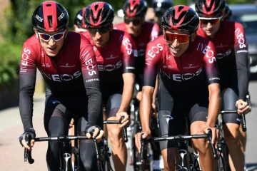 Le Gallois Geraint Thomas et le Colombien Egan Bernal lors d'un entraînement, le 4 juillet 2019 près d'Overijse, en Belgique, deux jours avant le départ du Tour de France