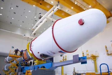 Une fusée Soyouz 2.1b transportant l'atterrisseur Luna-25 au cosmodrome de Vostochny au nord de Blagoveschensk dans la région de l'Amour en Extrême-Orient russe
