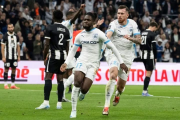 L'attaquant anglais de l'OM Jonathan Rowe (c) ouvre la marque contre Angers, le 4 octobre 2024 au Stade Vélodrome