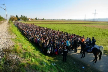 Migrants et demandeurs d'asile en route pour un centre d'hébergement le 24 octobre 2015 à Rigonce après avoir franchi la frontière entre la Croatie et la Slovénie