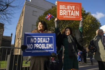 Des militantes brandissent des pancartes Pro-Brexit devant le Parlement le 8 janvier 2018 à Londres