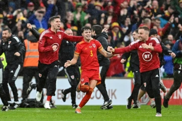 Explosion de joie pour les Gallois qualifiés pour le Mondial après leur victoire en barrage contre l'Ukraine à Cardiff, le 5 juin 2022 