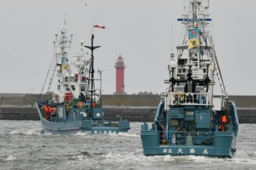 Des navires baleiniers quittent le port de Kushiro pour la reprise de la chasse commerciale de la baleine, le 1er juillet 2019 au Japon 