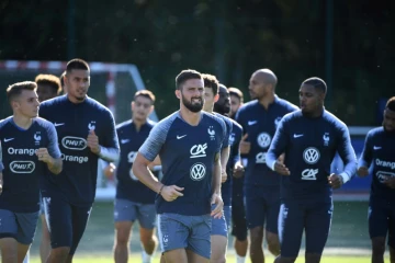 Olivier Giroud (c) et ses coéquipiers à l'entraînement à Clairefontaine, le 3 septembre 2019  