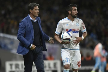 L'entraîneur de Marseille Michel (g) lors du match de L1 contre Toulouse, le 23 septembre 2015 au Stadium Municipal