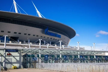 La Gazprom Arena de Saint-Pétersbourg qui doit accueillir la finale de Ligue des champions de football le 28 mai, prise en photo le 2 avril 2021