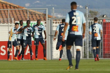 Les joueurs du Havre fêtent un but marqué en barrage de Ligue 2 à Ajaccio, le 20 mai 2018