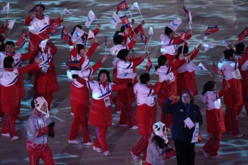 La délégation de la Corée unifiée, lors de la cérémonie de clôture des Jeux olympiques d'hiver à Pyeongchang, le 25 février 2018