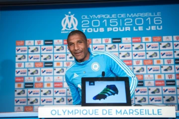 Le nouvel entraîneur de l'OM, Franck Passi, après sa première conférence de presse, le 19 avril 2016 à Marseille