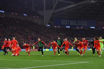 Les Gallois fêtent leur qualification pour l'Euro à l'issue de la victoire sur la Hongrie à Cardiff, le 19 novembre 2019