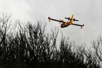 Un avion bombardier d'eau passe au dessus du Cap Corse ravagé par un incendie, le 12 août 2017