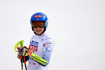 L'Américaine Mikaela Shiffrin après le super-G des finales de Coupe du monde de ski alpin à Courchevel le 17 mars 2022