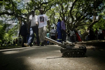 Un char miniature et des personnes dans un parc en face devant le Parlement Zimbabwéen, le 21 novembre 2017 