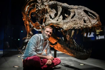 Le paléontologue français Ronan Allain pose devant le squelette d'un Tyrannosaurus Rex, le 1er juin 2018 au Muséum d'histoire naturelle de Paris, avant l'exposition "un T.Rex à Paris" du 6 juin au 2 septembre
