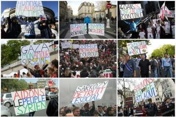 Photos montrant Jean-Baptiste Reddé, alias Voltuan, et ses fameuses pancartes, prises au cours de différentes manifestations à Paris entre 2009 et 2015