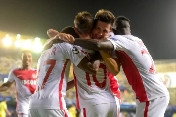 La joie des joueurs monégasques après le but de Bernardo Silva, en barrage aller d'Europa League , le 17 août 2016 à Villarreal