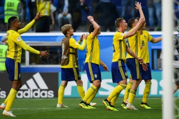 Les Suédois jubilent après leur qualification en quarts de finale du Mondial le 3 juillet 2018