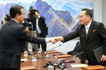 Le ministre sud-coréen de l'Unification Cho Myoung-gyon et son homologue nord-coréen Ri Son Gwon se rencontrent à Panmunjom dans la zone démilitarisée, le 1er juin 2018