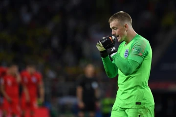 Le gardien de l'Angleterre Jordan Pickford lors de la séance des tirs au but face à la Colombie en 8e de finale du Mondial, le 3 juillet 2018 à Moscou 