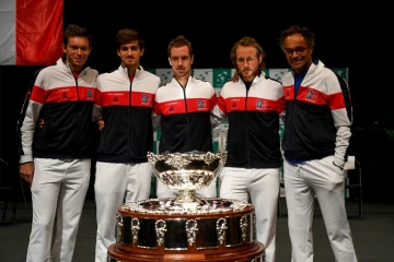 L'équipe de France de Coupe Davis, tenante du trophée, à la veille de sa rencontre du premier tour contre les Pays-Bas, le 1er février 2018 à Albertville