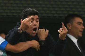Diego Maradona lors du match de  l'Argentine contre le Nigeria au Mondial, le 26 juin 2018 à Saint-Pétersbourg